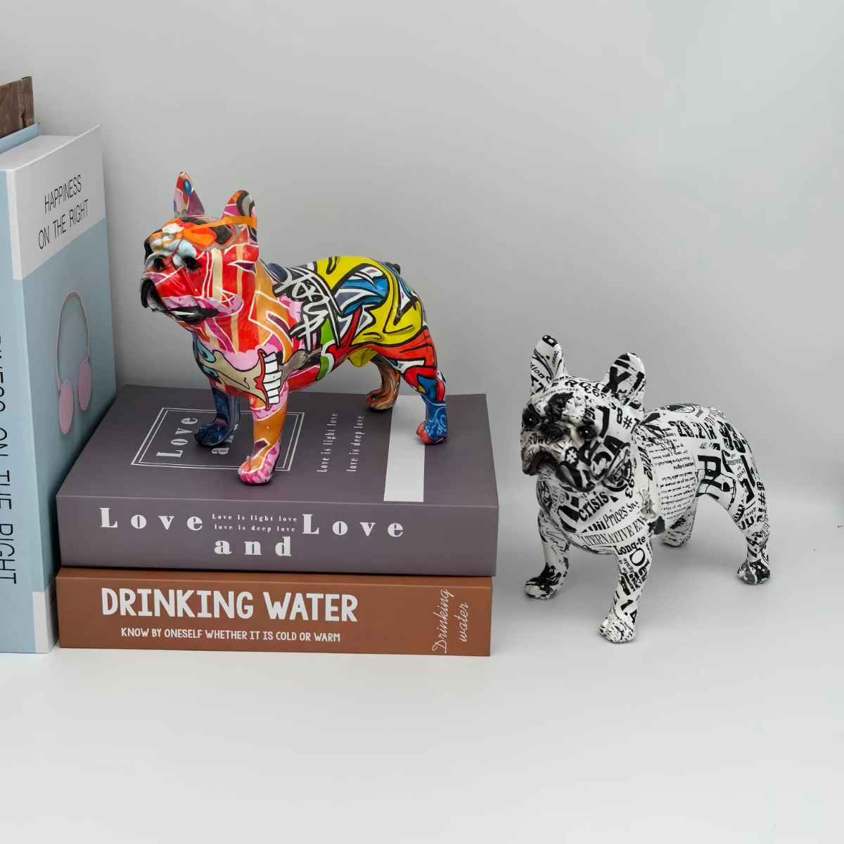 Standing graffiti water transfer French bulldog resin statue, splash color art crafts, desktop bookshelf decorative ornaments.