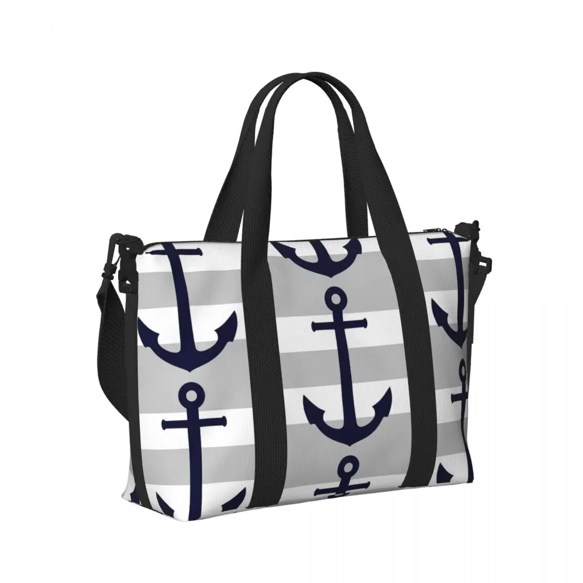 

Nautical Navy Anchor On Gray Stripes Beach Travel Bag Large Capacity Tote Bags for Gym Sport Women Shopping Duffle Shoulder Bag