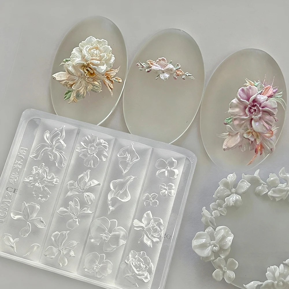 1Pcs 3D Calla Peony Magnolia Flower Silicone Nail Mold Reusable Embossing Nails Template DIY Floral Charms Manicure Stencils  TR