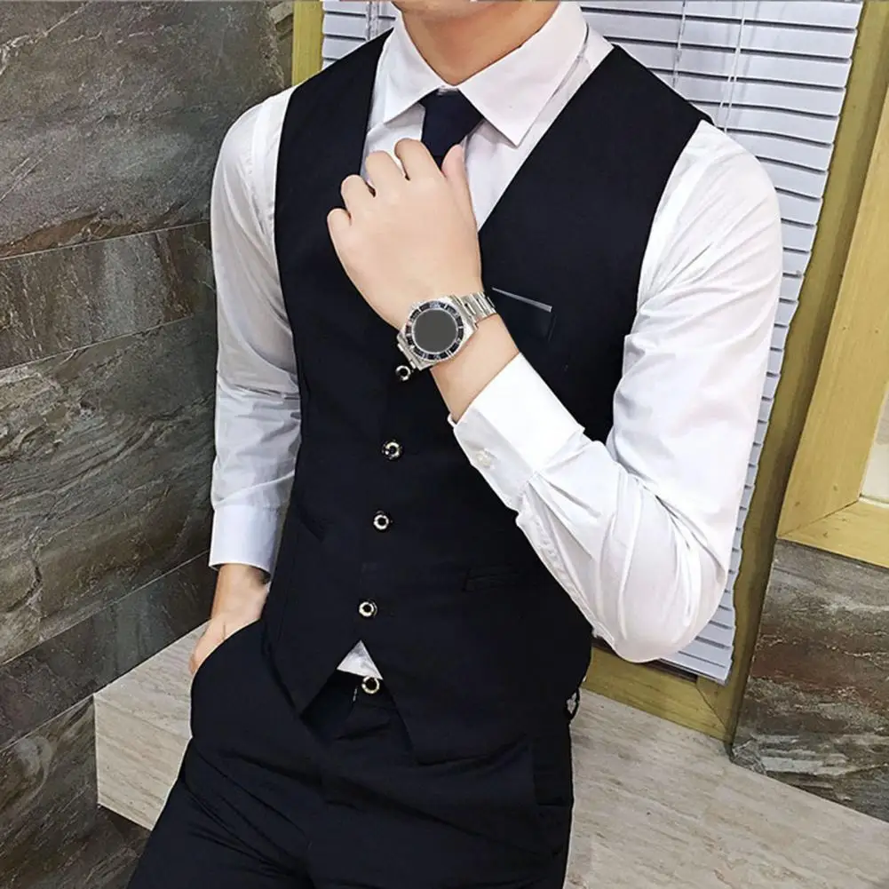 Men Waistcoat Solid Color Single-breasted V Neck Formal Autumn Waistcoat Wedding Slim Plus Size Wedding Waistcoat Business Vest