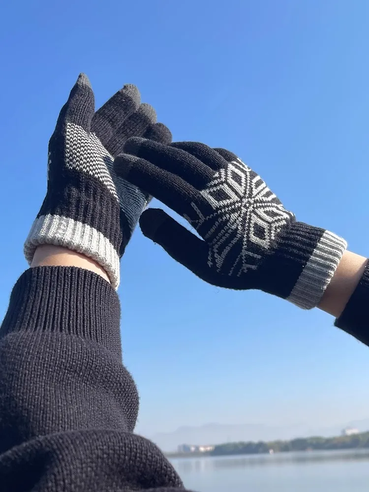 Thickened Woolen Knitted Touchscreen Gloves Winter Men's Youth Student Cycling Driving Warm Trendy Woolen Knitwear