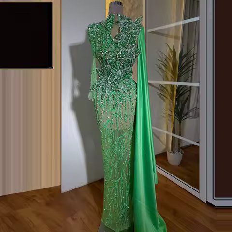 Crystal Flower Beaded Evening Dress Green Prom Dress With Cape Train Gorgeous Mermaid Dress Celebrity Dress Customizable 2025