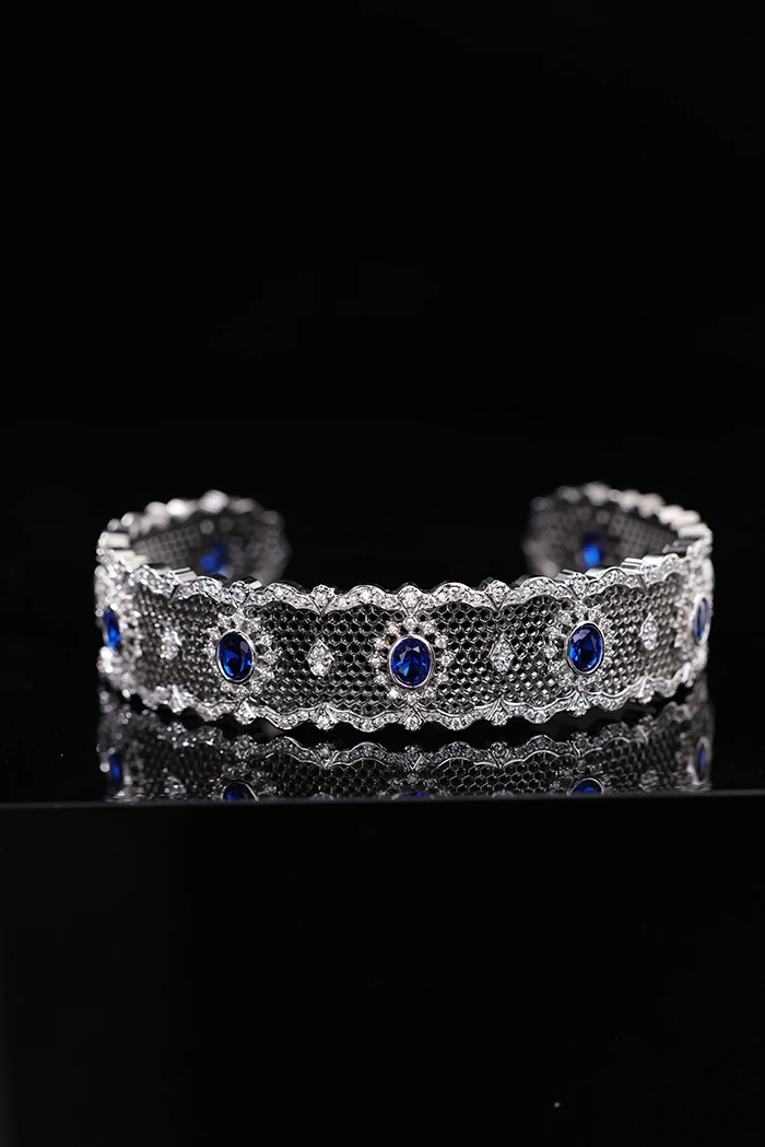 

2024 New Style S925 Sterling Silver Brushed 5A Blue Cubic Zircon Black Cuff Bangle Vintage Birthday Wedding Party Gift for Women