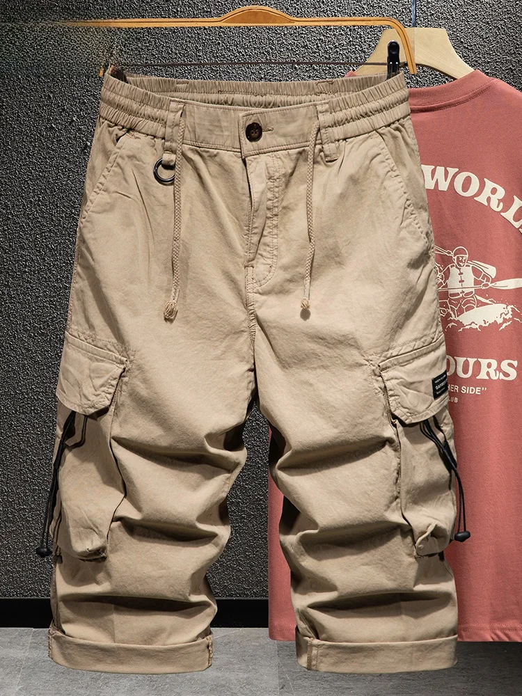 

American Retro Eighteen Work Pants Men Summer Thin Loose Casual Mid-Length Pants Big ket Sports Seven-Quarter orts Trendy