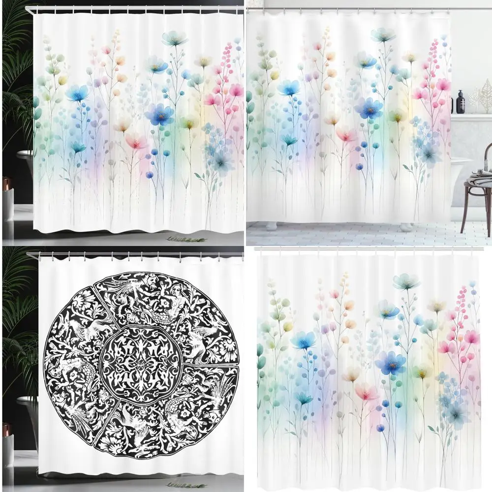 

Занавеска для душа с эфирным цветком: абстрактный фэнтезийный сад в мягких тонах