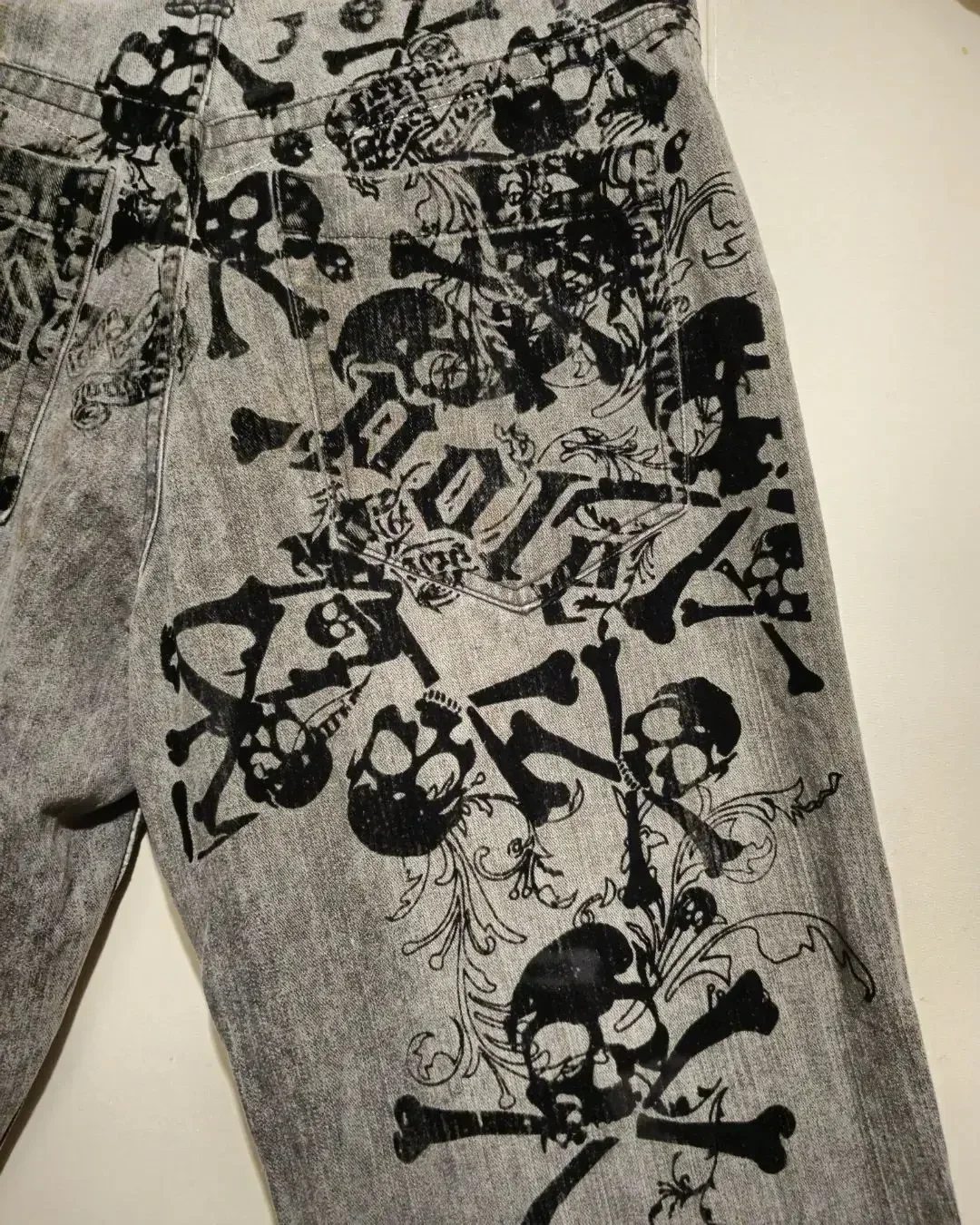 Pantalones vaqueros lavados con estampado de calavera Popular americana para mujer, pantalones de pierna ancha, moda Vintage, Hip Hop callejero Y2K