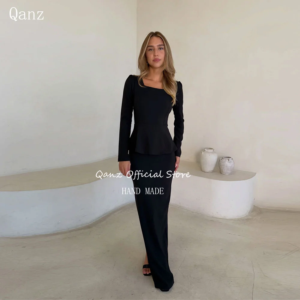 Qanz Classic Mermaid Evening Dress Long Sleeves Black Satin Square Neck Prom Dresses Women 2 Pieces Robe De Soirée Customized