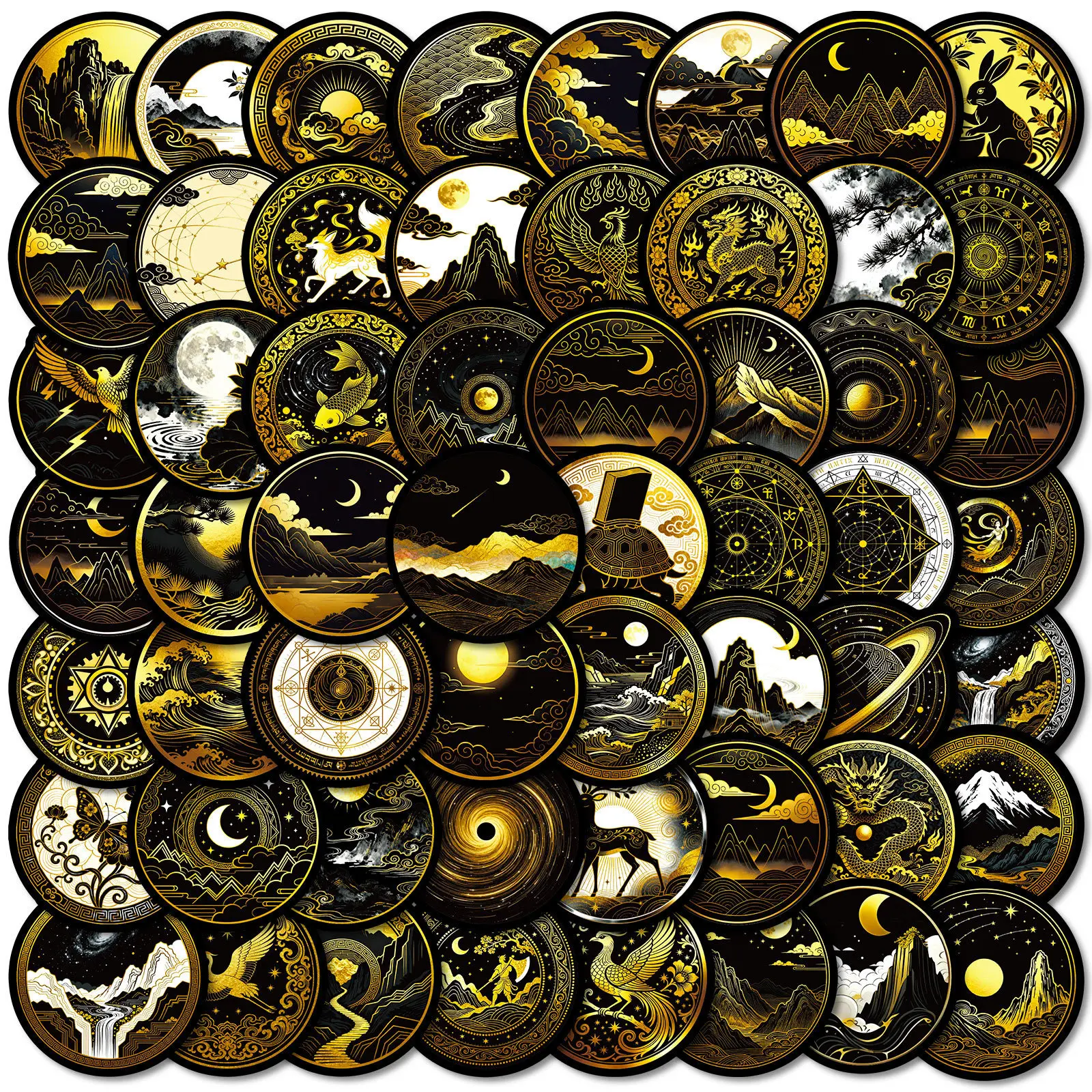 10/30/56 szt. Nowe czarno-złote naklejki z motywem niebiańskim, kreskówkowymi graffiti, okrągłe, z czarnymi krawędziami, kreatywne, personalizowane naklejki dekoracyjne ‌