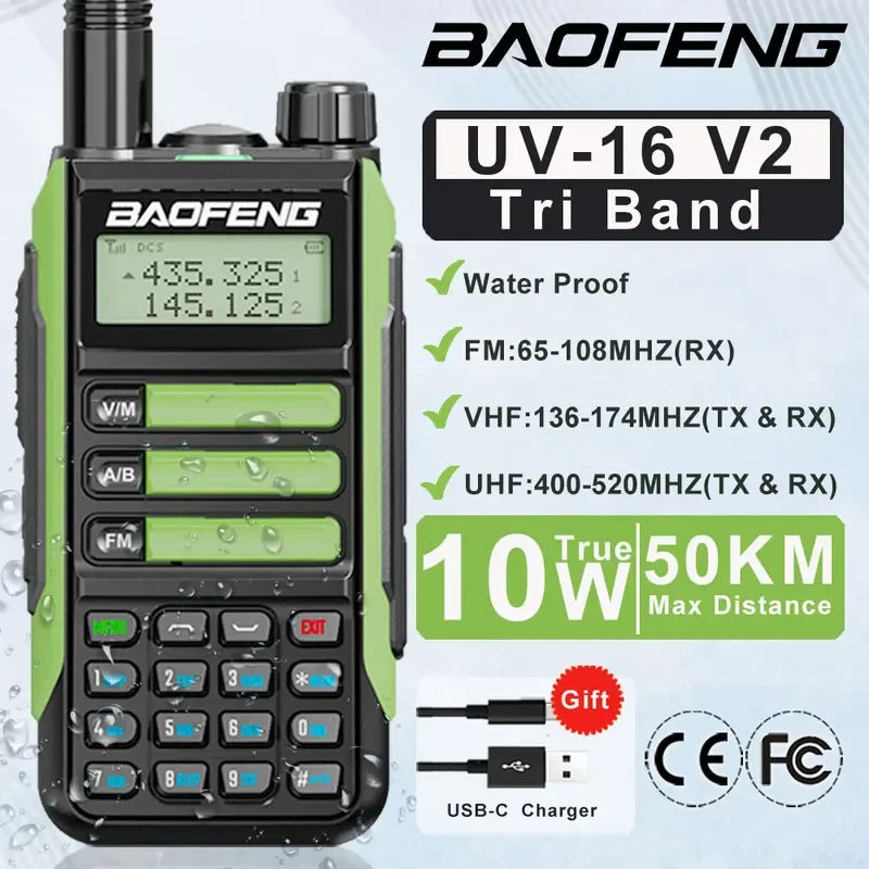 2024 baofeng UV-16 V2 walperforé talperforé 10 km militaire 10W puissant étanche VHF UHF CB Ham double bande bidirectionnelle radio USB-C chargeur