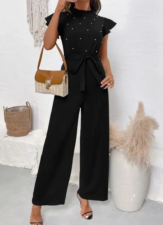Women's Fashion Long Jumpsuits In Summer Temperament Commuting Flying Sleeve Lace Collar High Waist One-Piece Pants for Women