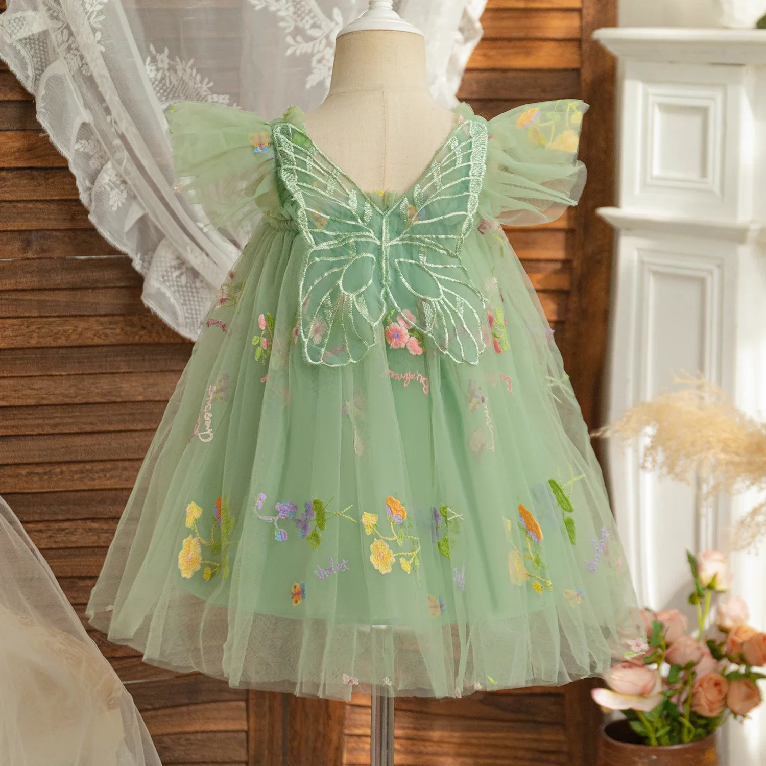 New Baby Girls Birthday Party Evening Dresses Back Butterfly Wings Children Clothes Sweet Floral Embroidery Toddler Kids Costume