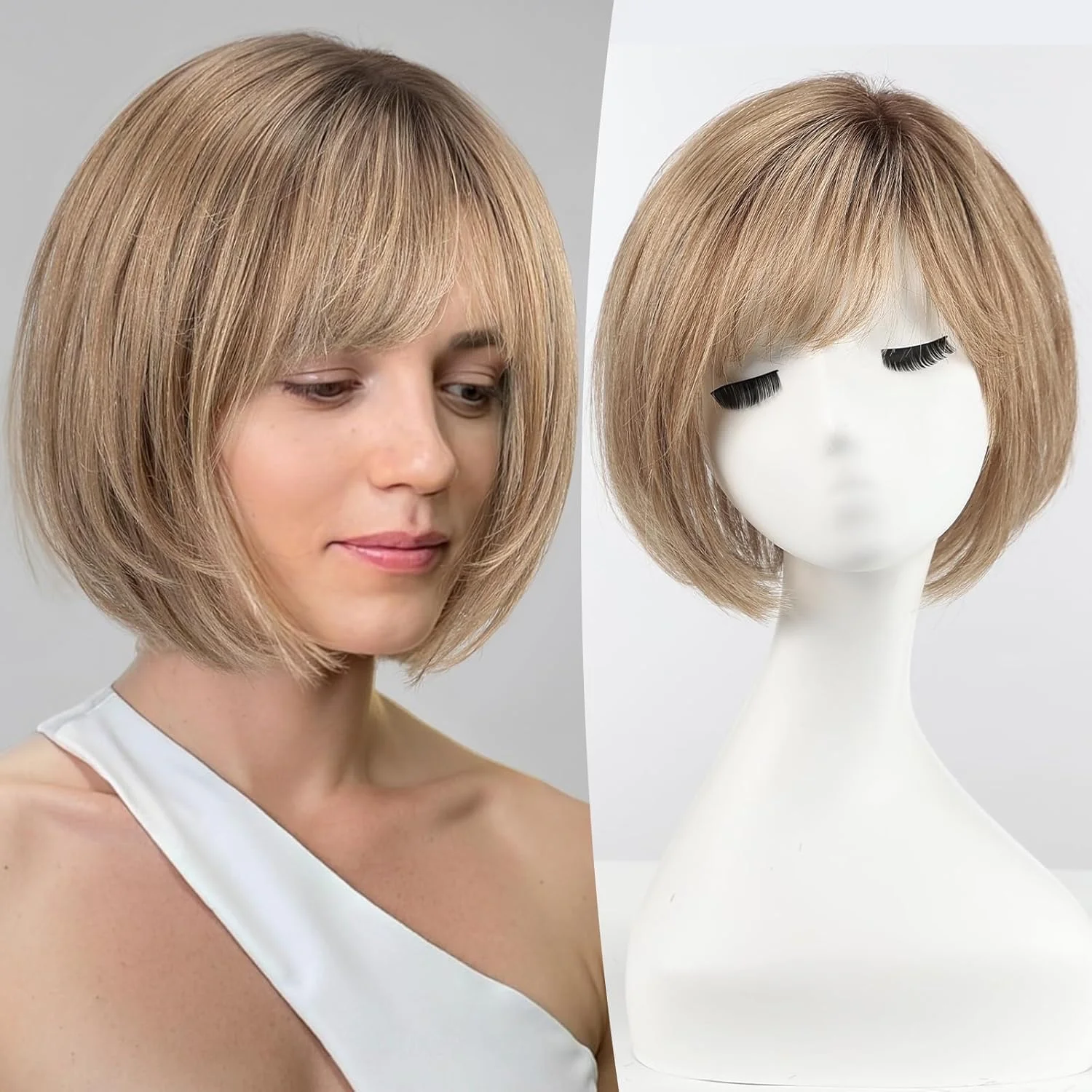 10 Inch Hair Topper for Women Real Human Hair 6.5x6.5 inch Base ombre Ash Brown Short Bob with Bangs Side Part Human Hair Topper