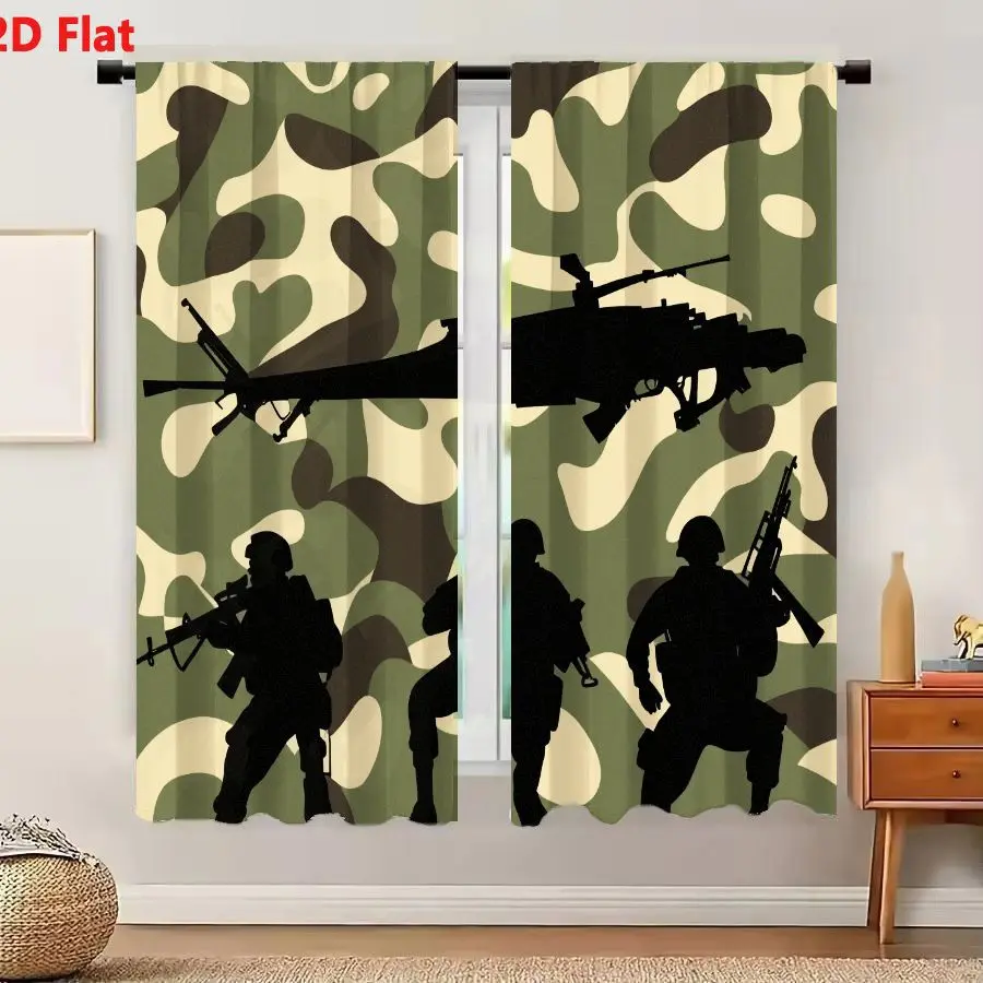 2Pcs Curtains 2D Flat Military Soldiers And Helicopter Silhouette On Camouflage Background Window Drapes for Bedroom Room Decor