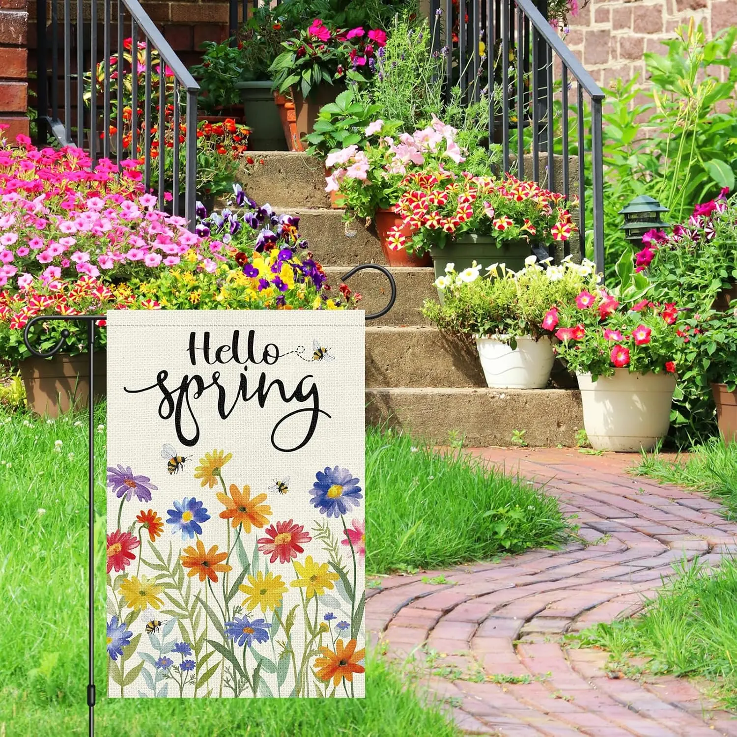 Heyfibro Hello Spring Floral Garden Flag Spring Summer Dasiy Garden Flags 12x18 Double Sided Vertical Burlap Bees Yard Flag  EEZ
