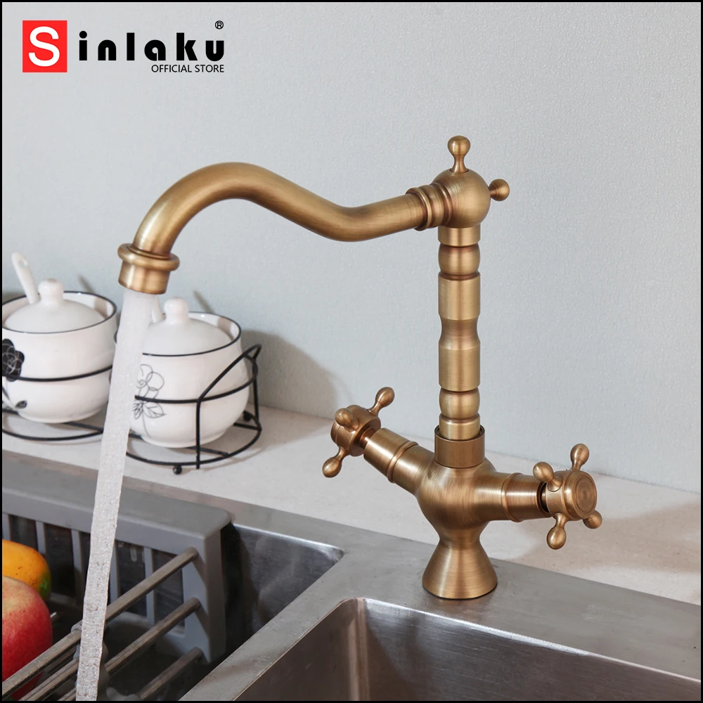 

SINLAKU Kitchen Sink Faucet Deck Mounted Stream Outlet With Dual Handles Control Single Hole Hot & Cold Water Basin Mixer Taps