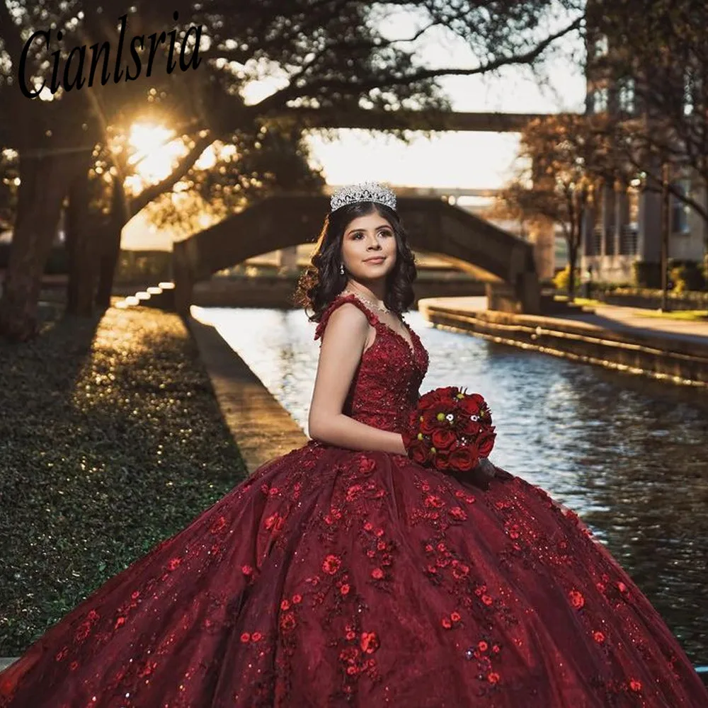 Abito da ballo con perline rosso abiti Quinceanera Appliques 3D dolce 16 abito abiti da spettacolo vestido de 15 anos ol quinceol era