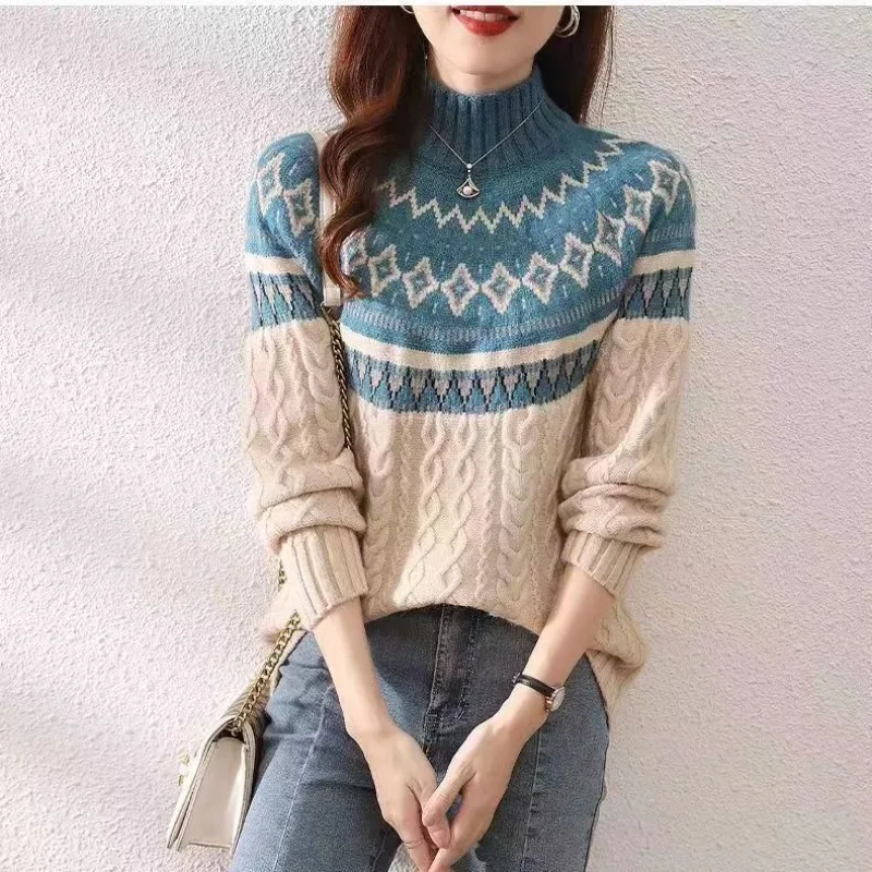 Autumn and Winter Women\'s Pullover High Neck Loose Fit Long Sleeve Screw Thread Sweater Underlay Fashion Elegant Casual Tops