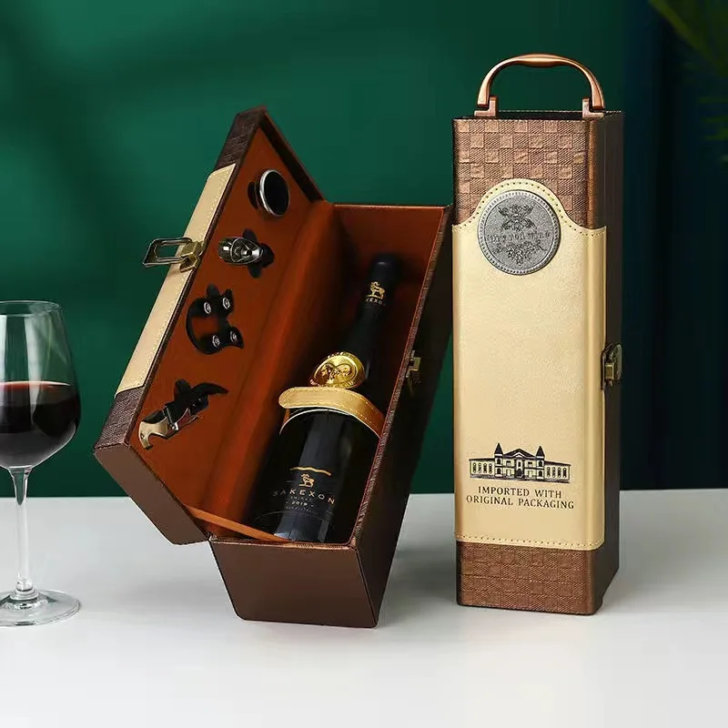 PU Leather Vintage Single Red Wine Storage Gift Box Holder Ring Paper Cutter Seahorse Knife Pourer Wooden view 5