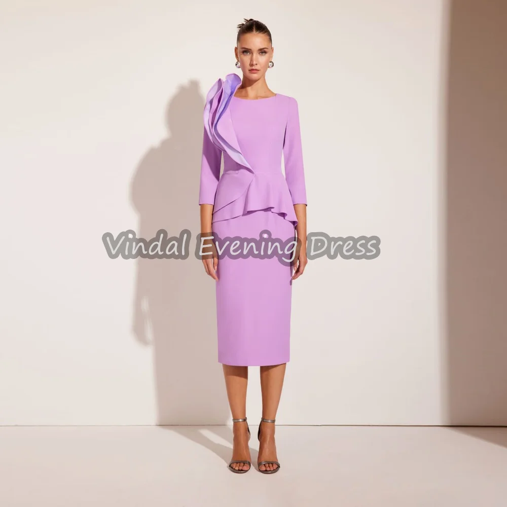 

Vindal Crepe Straight O-neck Tea Length Simple Evening Dresses For Women 2025 With Long Sleeves Ruffle Saudi Elegant Party Dress