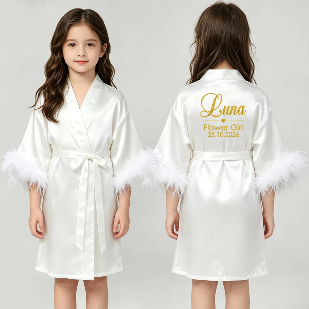 Personalized Kids Flower Girl Satin Robe With Feather Cuffs Custom Name Date Kimono Bathrobe Wedding Morning Gown