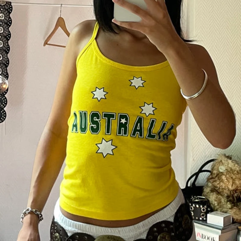 Sexy Summer Cute Yellow Australia Graphic Tank Tops Female Fairycore Vintage Crop Top Aesthetic Women's Y2K Clothes Emo Girls