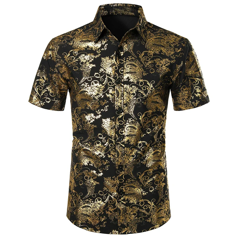 

Men's Luxury Stylish Slim Fit Shirts 3d Full Print Gold Flower Button Up Dress Shirt For Men Summer Short Sleeve Tee Tops