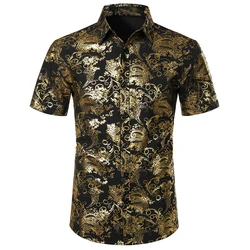 Men's Luxury Stylish Slim Fit Shirts 3d Full Print Gold Flower Button Up Dress Shirt For Men Summer Short Sleeve Tee Tops