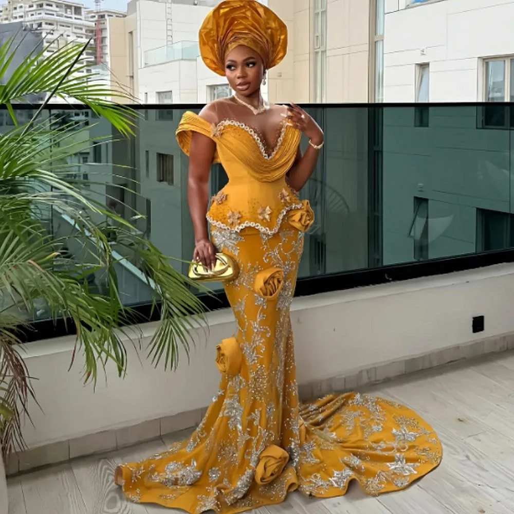 

Nigerian Mermaid Evening Dresses Sleeveless Peplum Handmade Flowers Sequins Appliques Dubai Arabic Prom Gown Wedding Party Dress