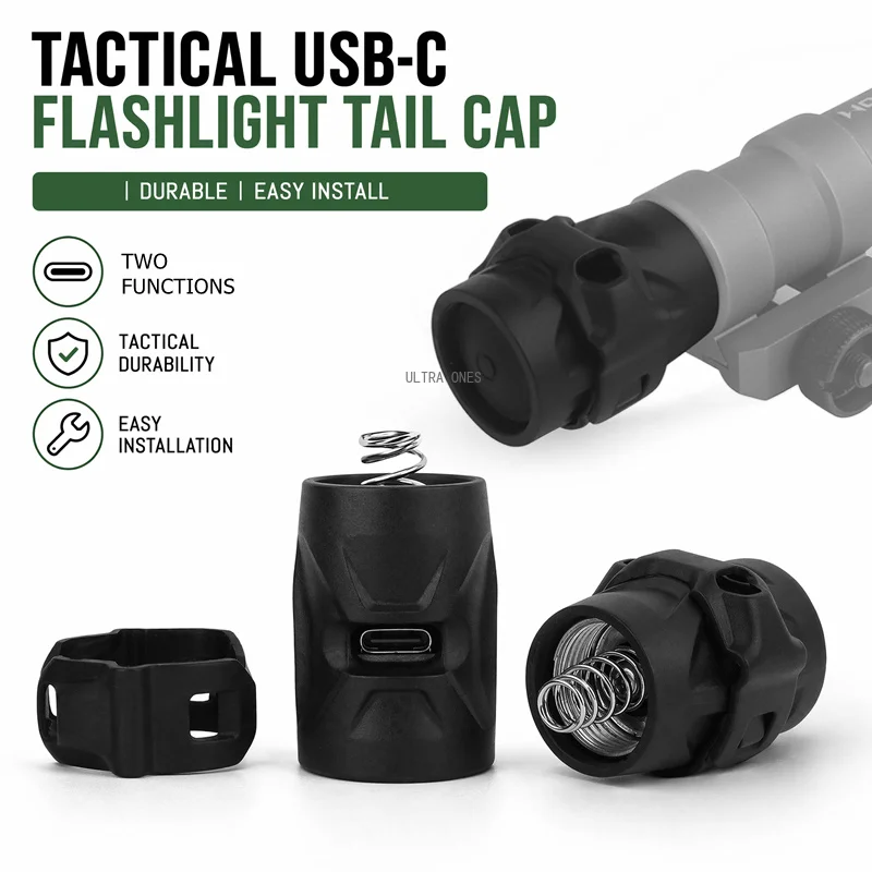 USB-C Tactical Flashlight Tail Cap Durable Replacement Rear End Cap with Spring for Tactical Scout Light Torch Repair Parts