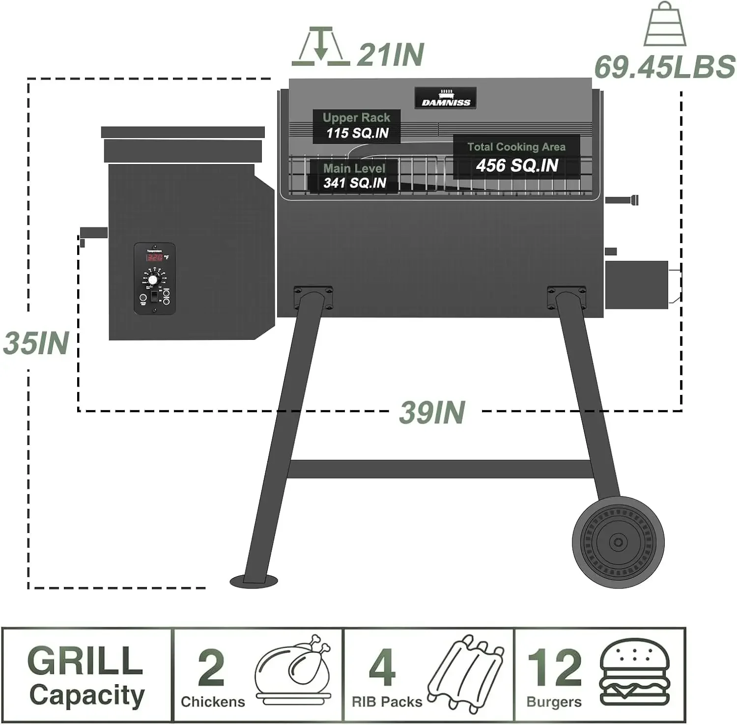 Wood Pellet Grill & Smoker 8-in-1 Pellet Grill with Automatic Temperature Control & Rain Cover 456 Sq in Area for Backyard