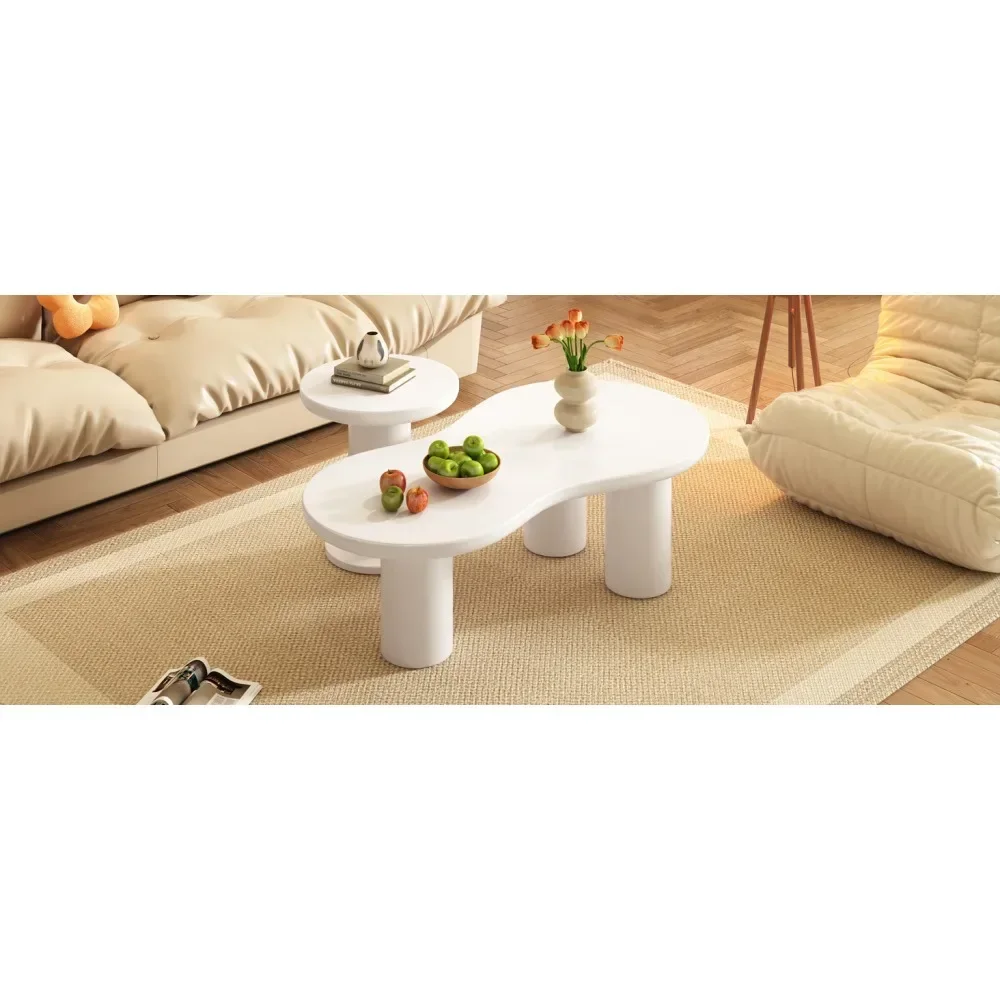 Nesting Coffee Table Set of 2, Cream Style Cloud Coffee Table with Round Small Side Table, Irregular Center Tables
