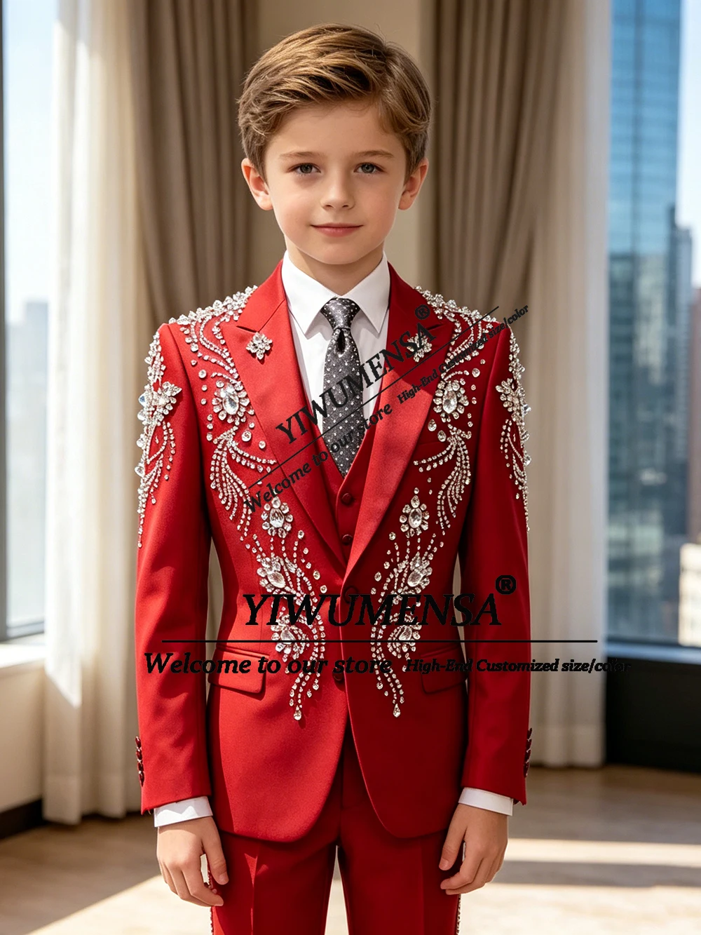 Exquisite Boy Suit For Wedding Diamond Beaded Prom Blazer Pants 2 Piece Sets Groom Formal Tuxedos Customized Children Party Gown