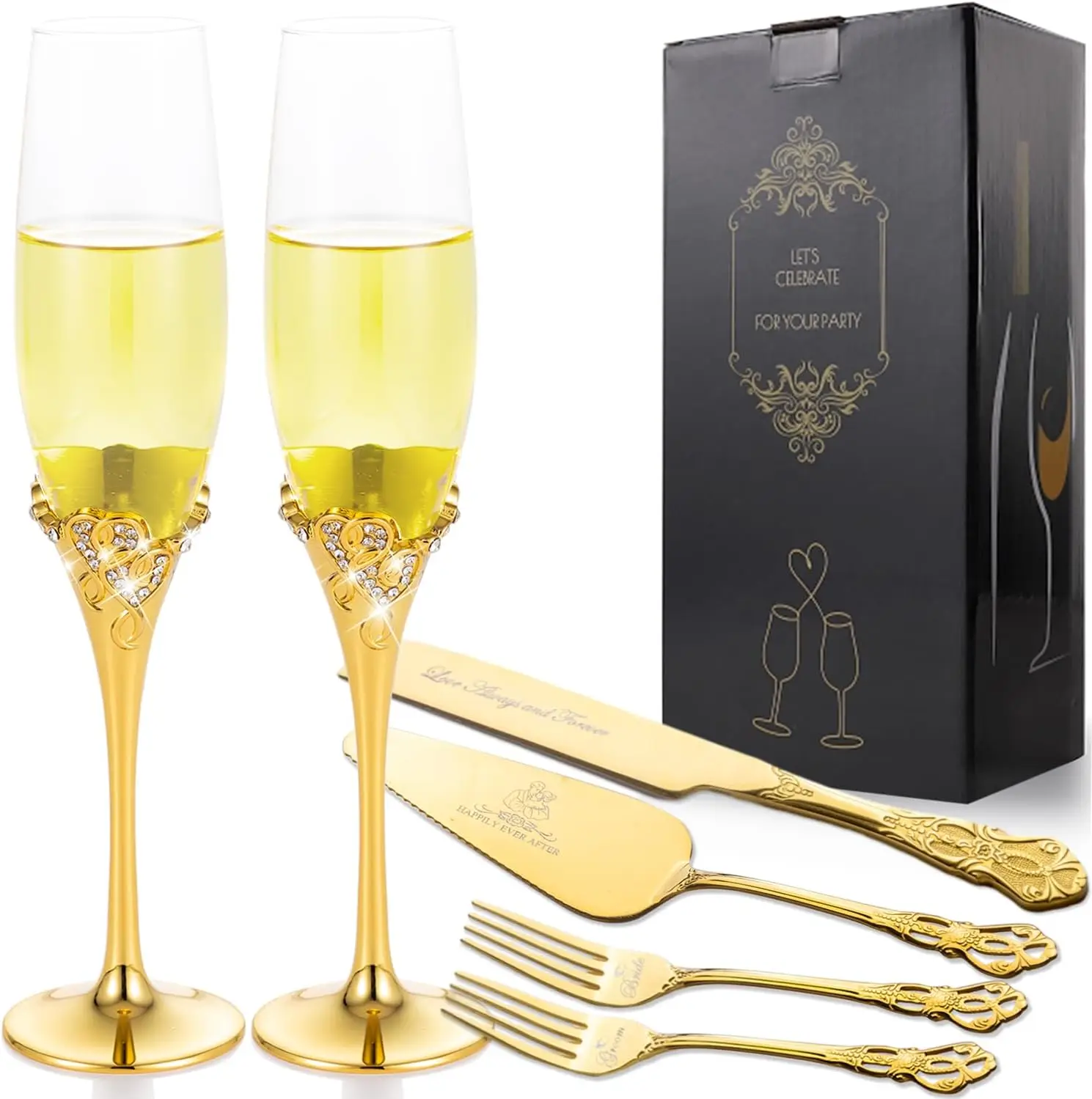 

Wedding Cake Knife & Server Set with Gold Accents, Champagne Flutes for Bridal Shower Gifts