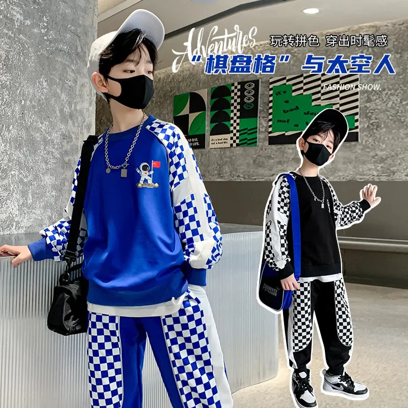 Fashion Boys Clothes Autumn Suit Spring Checkerboard Patchwork Casual Hoodies + Sweatpants 2pcs Teens Spaceman Print Set 4-14 Y