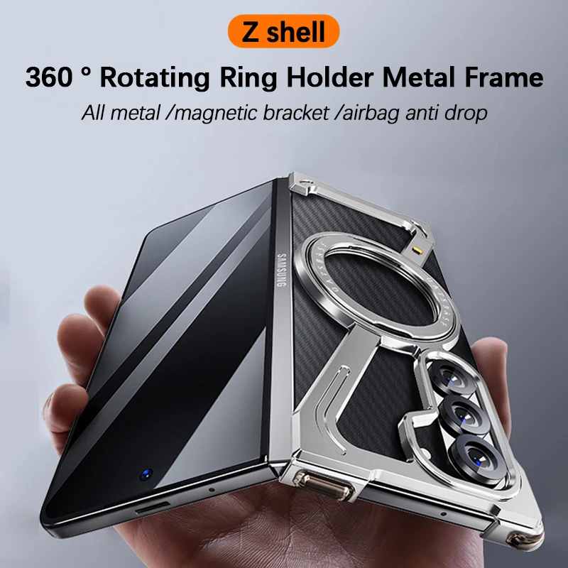 360° Magnetic Ring Holder Alloy Frameless Bumper Case For Samsung Galaxy Z Fold 6 5 W24 Full Metal Frame Airbag Shockproof Cover