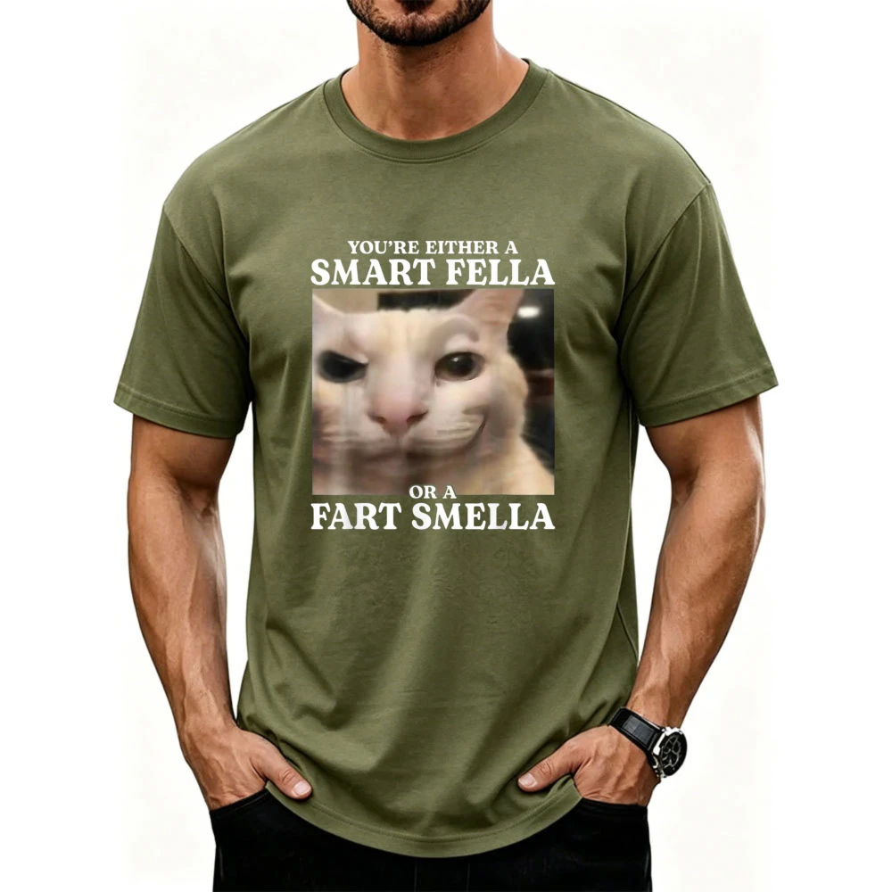 Funny Meme Smug Cat Smart Fella or A Fart Smella Slogan Graphic Cotton Tshirt Internet Viral Pet Streetwear Loose Casual Tops