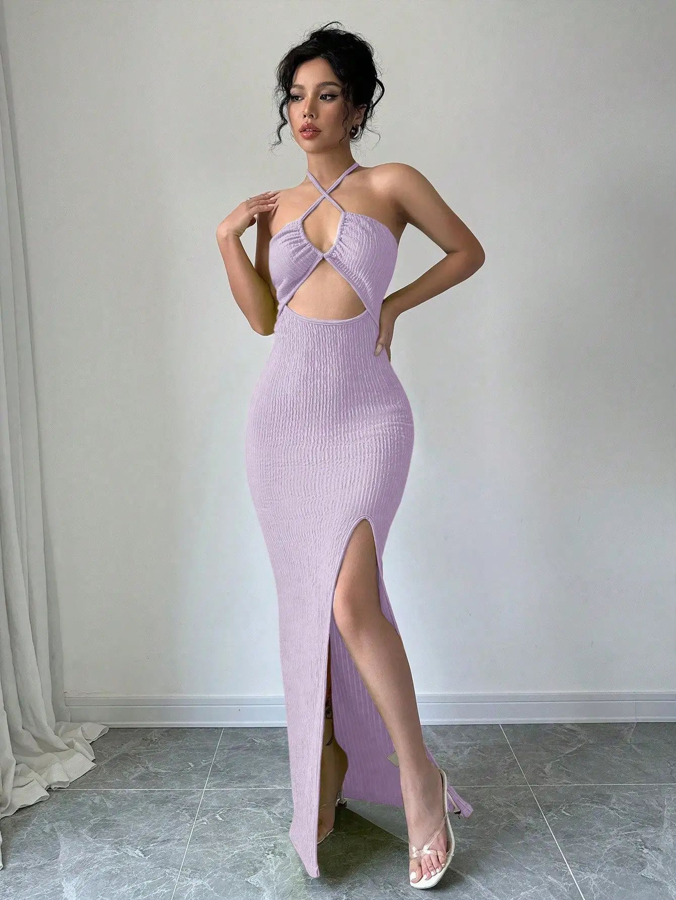 Bonito vestido ajustado con escote Halter y abertura larga para ropa de Año Nuevo, traje Maxi para mujer