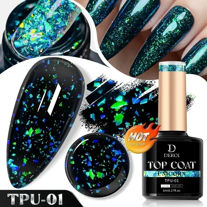 New 8ml No Wipe White Dot Top Coat Glitter Flash Top Coat for Nail Art Auroral Flake Glossy Topcoat Seal UV Gel Polish Manicure