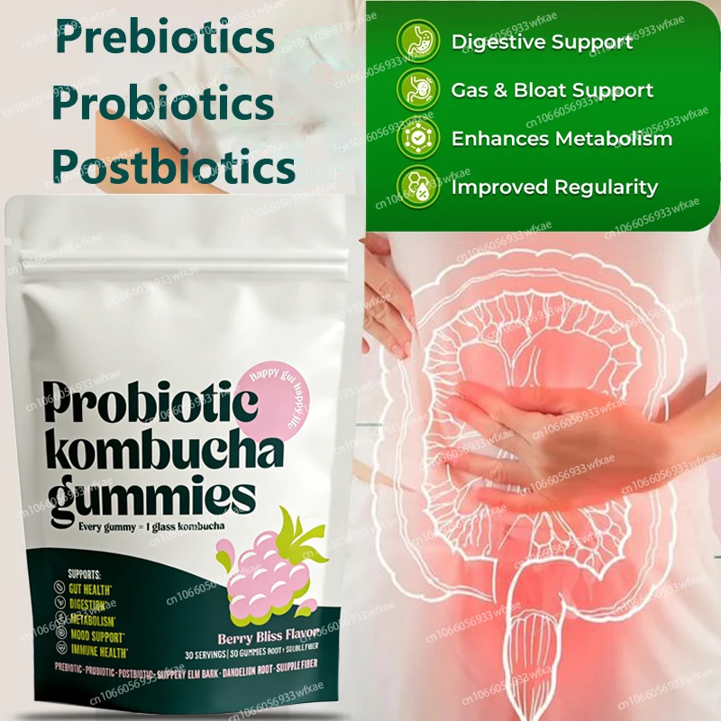 Gomitas de Kombucha Probióticas - Mezcla Probiótica y Prebiótica con Corteza de Olmo Resbaladizo para la Salud Intestinal, la Hinchazón y el Apoyo al Metabolismo