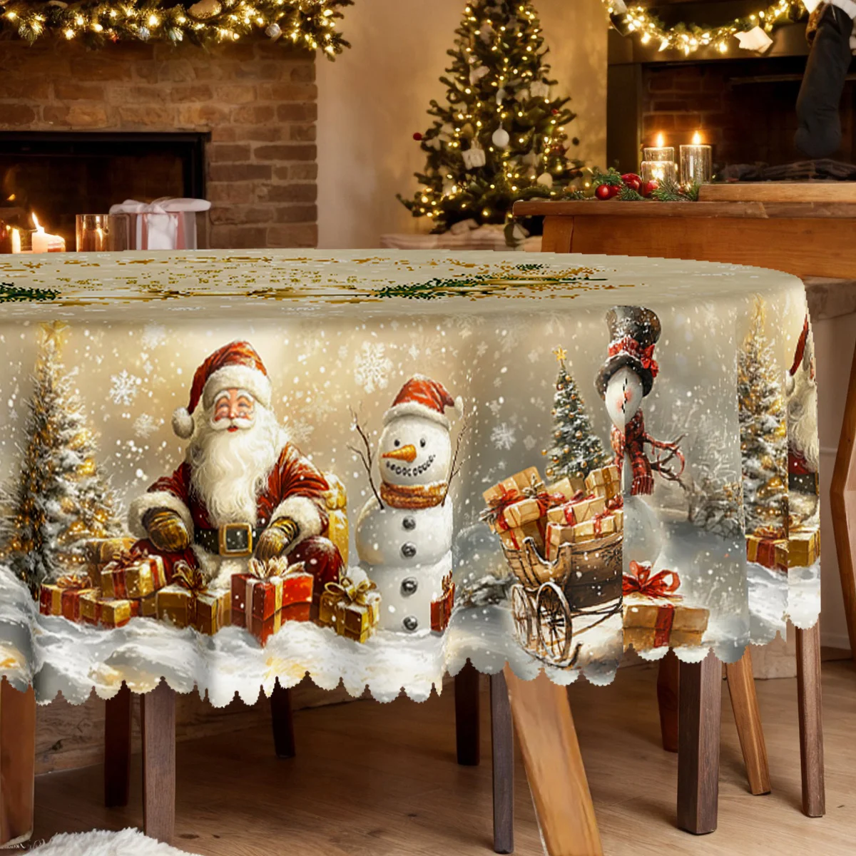 1 piece, Merry Christmas Party Tablecloth, Vintage Santa Snowman Christmas Tree Design Patterned Tablecloth with Embossed Edges,