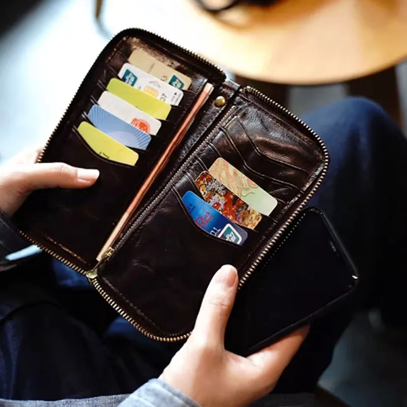 AETOO Vegetable-tanned cowhide, a niche, retro, aged large-capacity, multi-slot genuine leather zipper, long wallet
