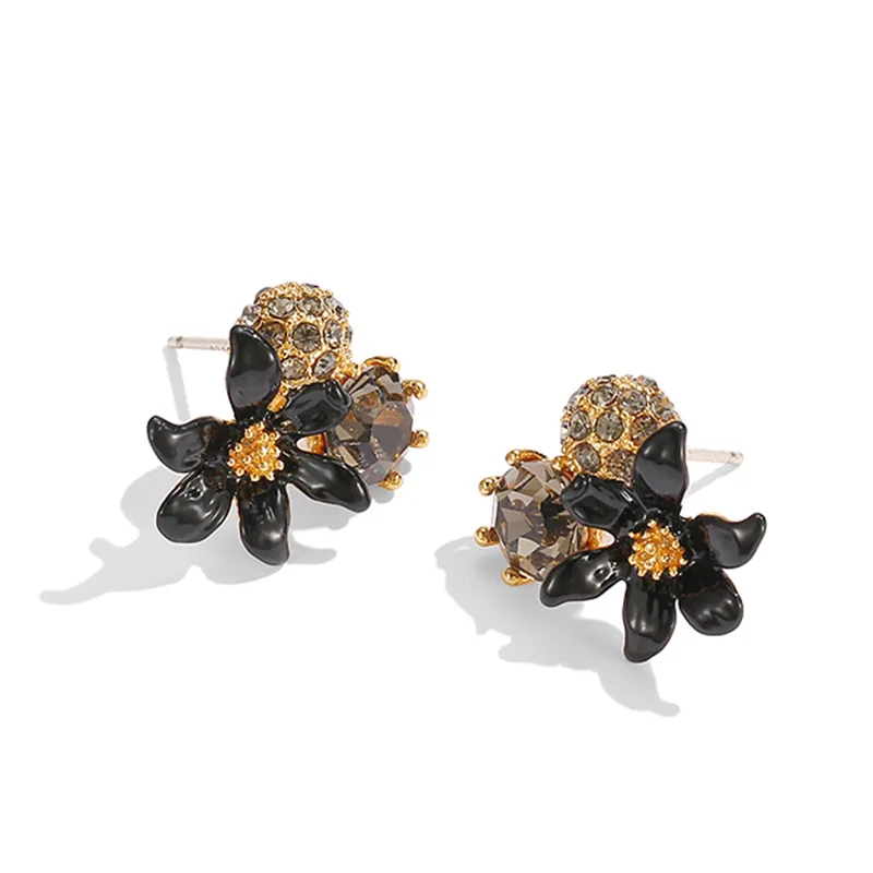 

New Fashion Elegance Enamel Glaze Black Lily Flower Blackdiamond Grey Crystal Gemstone Silver Needle Earrings for Women Female