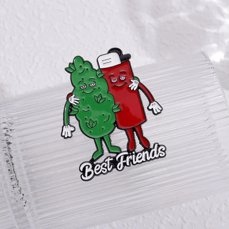Best Friends Enamel Pins Custom Tobacco Leaf Lighter Brooches Lapel Badges Plant Jewelry Gift for Partner Friends