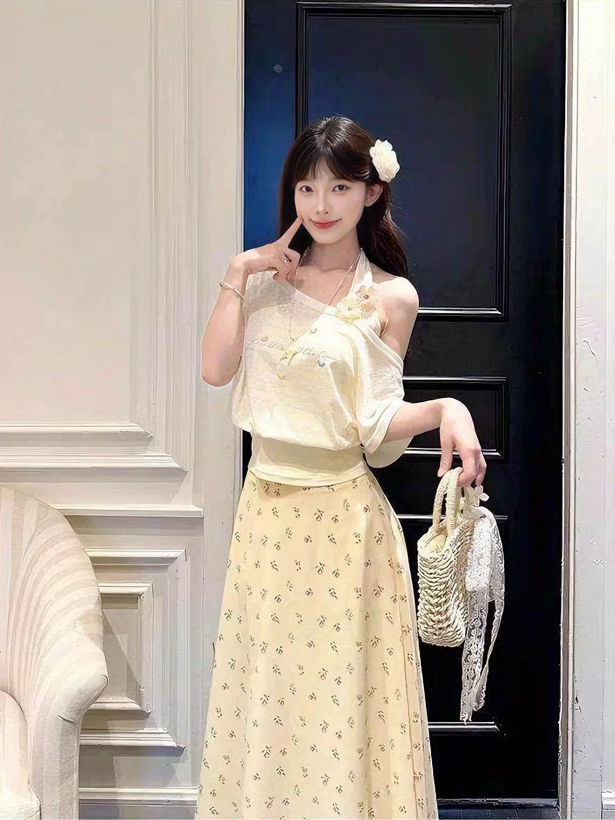 Light Yellow Floral Print Slimming High Waist  Skirt Sweet Girl's Summer 2026 Fashion Korean Style Breathable Skirt