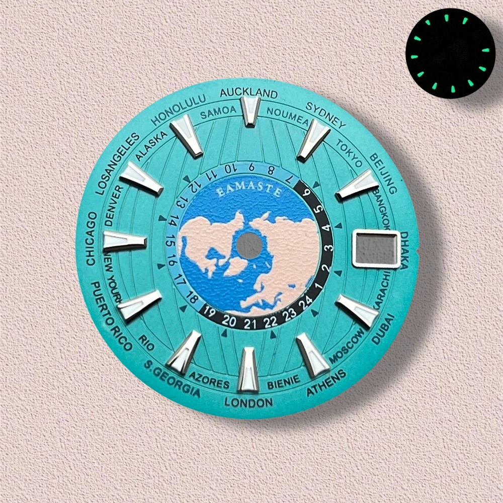 28.5mm S Logo World Map Dial Fit NH35/NH36/4R/7S Japanese Automatic Movement Green Luminous Watch Modification Accessories