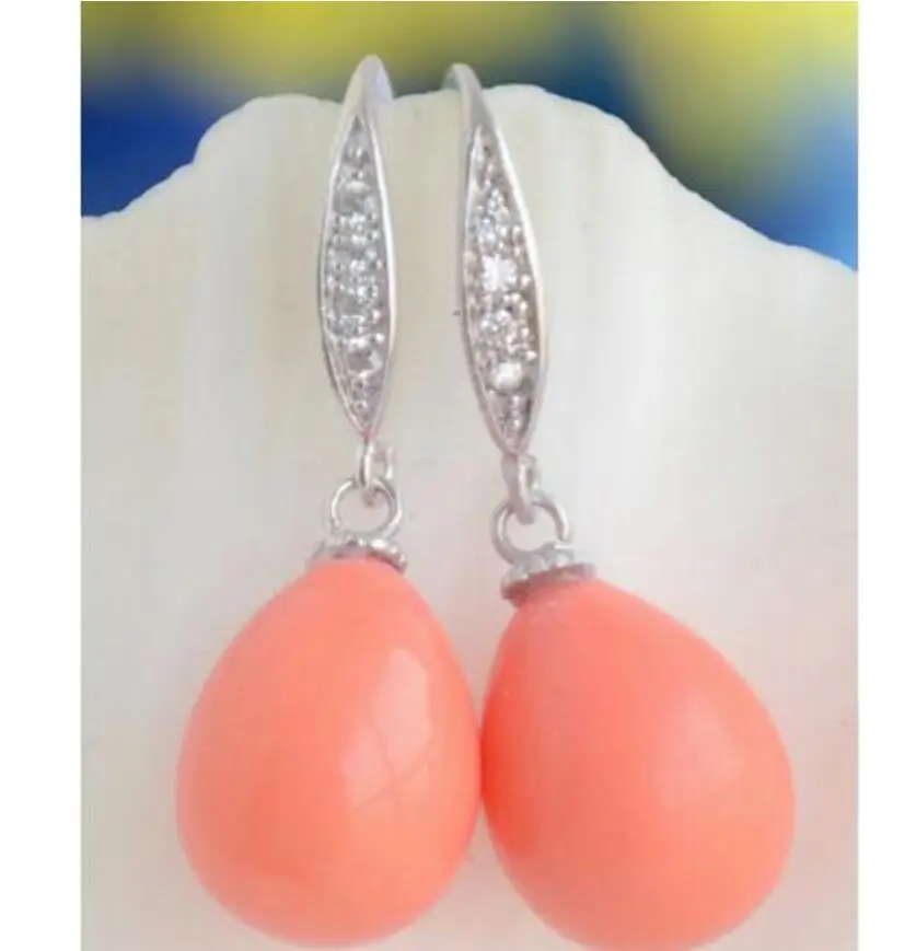 Free Shipping  12 * 14MM PINK CORAL SOUL SOUTH SEA SHELL PEARL BALANCING EARRING