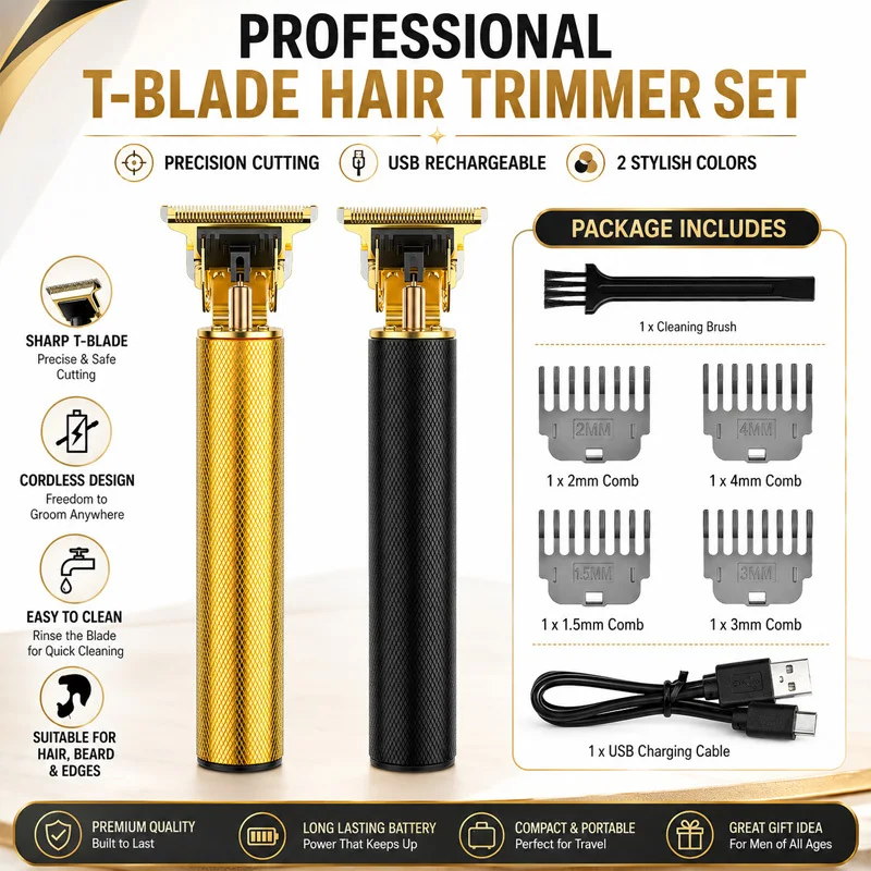 T9 Cordless Hair Trimmer for Men, Precision T-Blade Electric Barber Clipper without Digital Display for Beard, Hairline