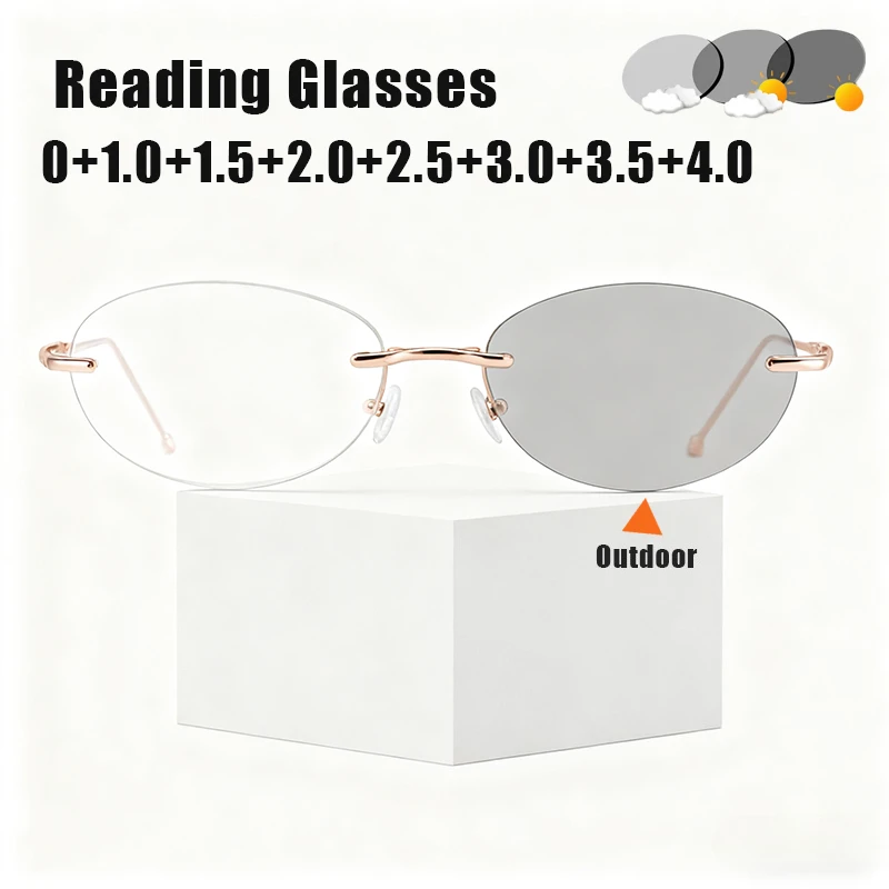 

Photochromic Presbyopia Glasses Unisex Frameless Oval Blue Light Blocking Reading Glasses Ultra-Lightweight Fashion Goggles