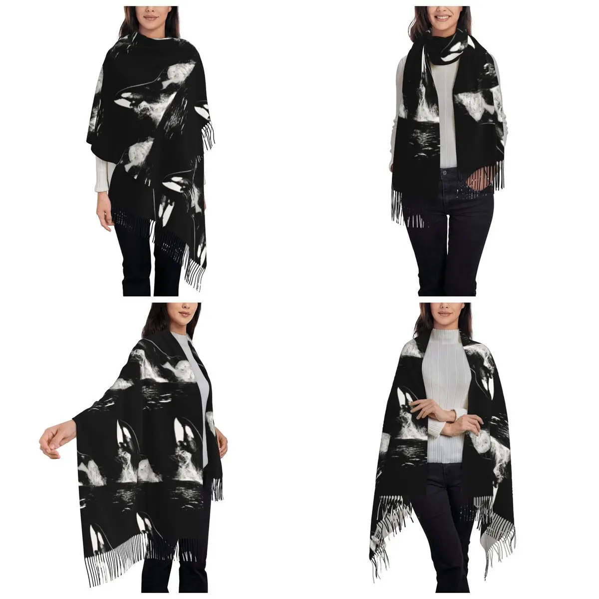 Orca Aquatic Sea Ocean Killer Whale Scarf Tassel Scarves Women Soft Warm Shawls and Wraps Long Fall Winter Shawl Wrap