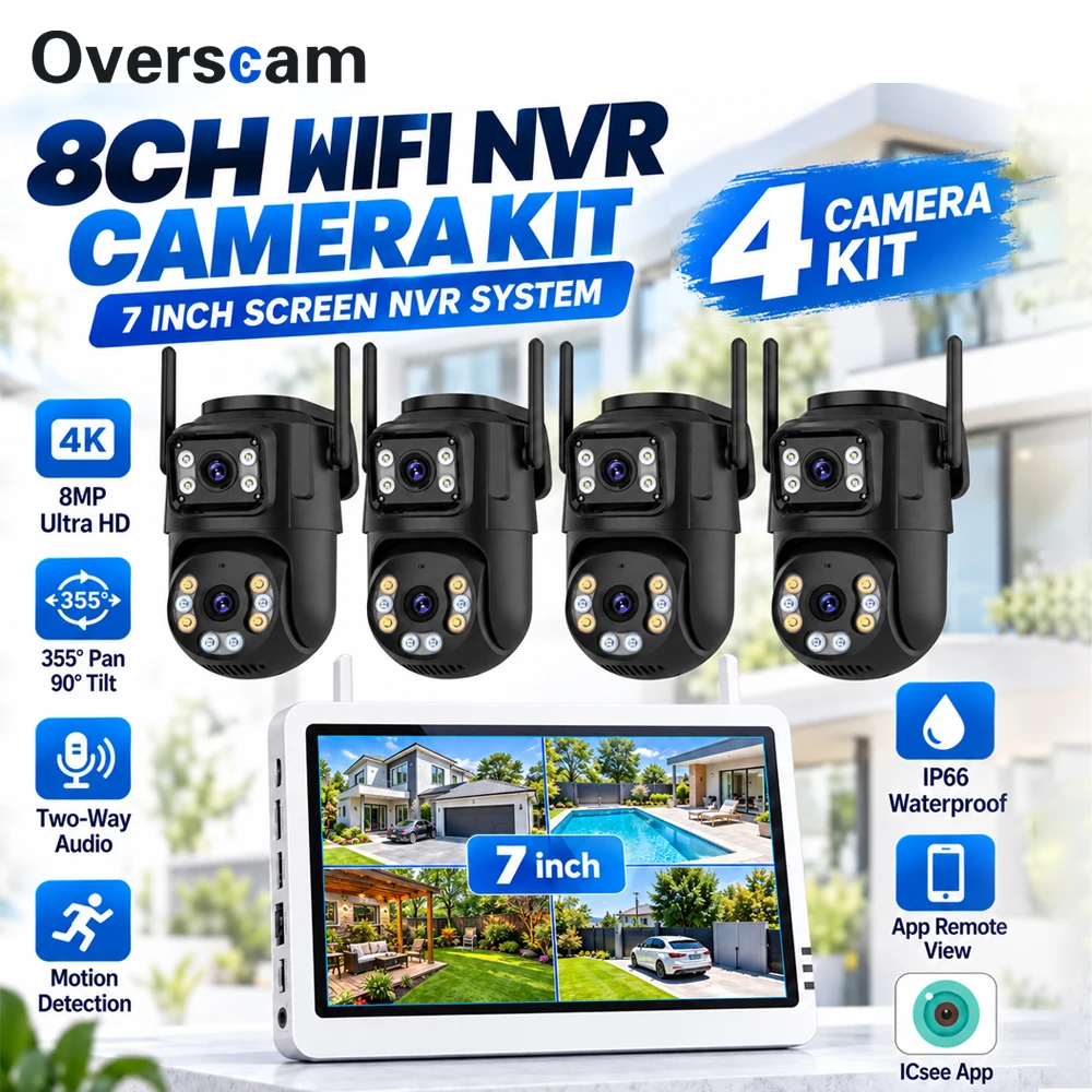 8CH 8MP 4K WiFi NVR CCTV Camera System 7 Inch Screen 4 Dual Lens PTZ Cameras 355 Pan 90 Tilt Two Way Audio Motion Detection IP66